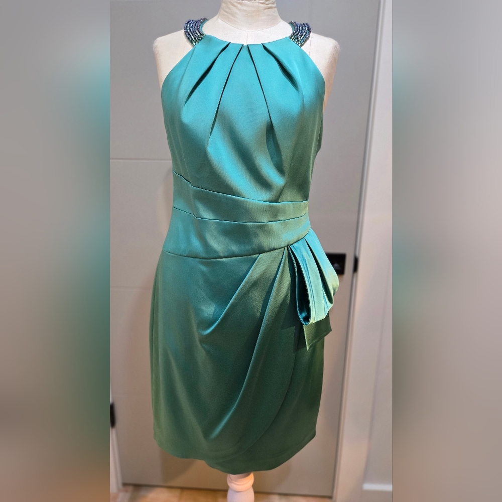 Kay Unger Blue Green Asymmetrical Sheath Cocktail Dress
